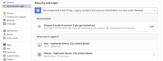 Facebook security and login settings