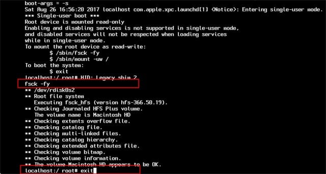 Single-user mode provides a Terminal-like interface where UNIX commands can be entered, including fsck -fy to verify and repair the startup disk, and exit to complete the boot process and return to the desktop.