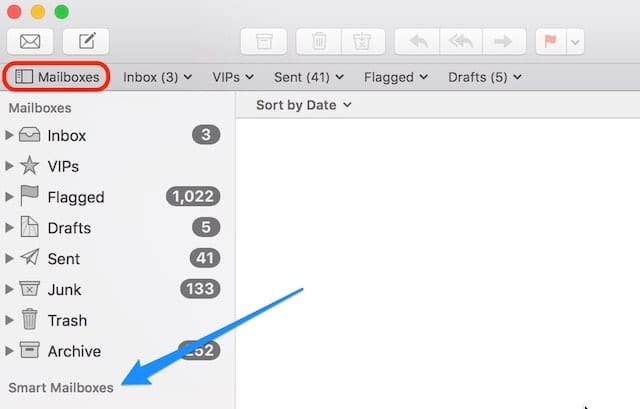The "Toggle Mailbox List" button (red) and Smart Mailboxes (blue)