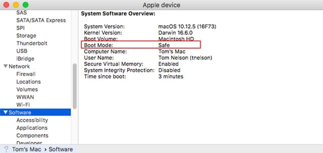 Another way to tell you're in Safe Mode is to check the system report, which displays the boot mode in use.