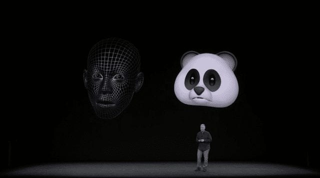 A digital face map (left) and the corresponding Animoji at right
