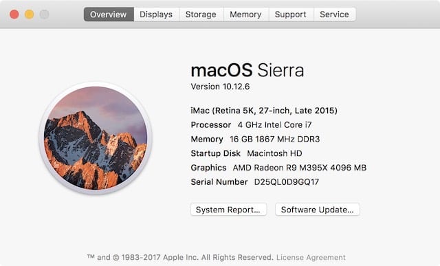 About This Mac shows that this iMac is running 10.12.6