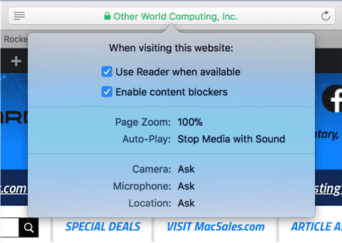 View settings for a website by right-clicking the address bar