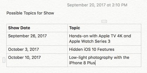 Tables in the Notes app provide a new way to organize information