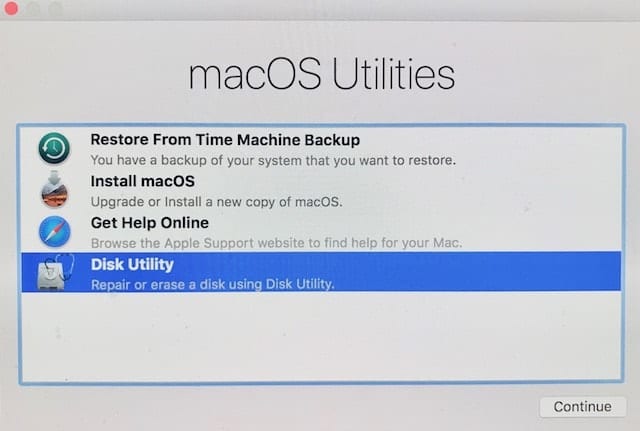 macOS Utilities, with Disk Utility highlighted