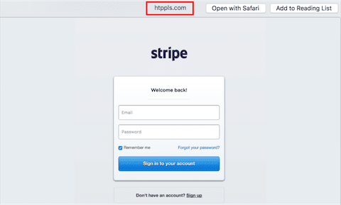 The destination URL in this preview is NOT Stripe, although the page looks like the Stripe login page