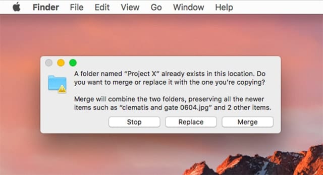 When you move a folder to a location that contains a folder with the same name, the Finder will present a number of merging options.