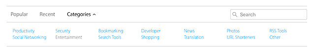 A list of the Safari extension categories that are available