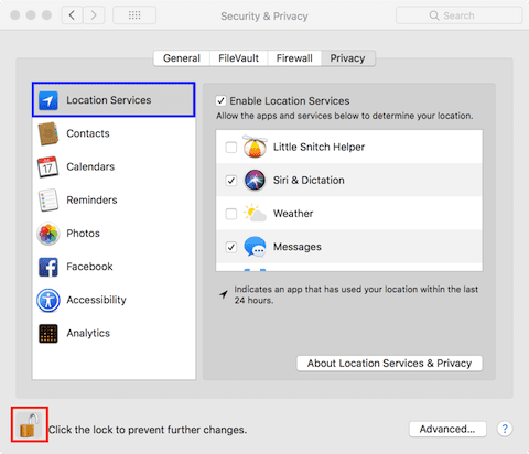 The Privacy tab of the Security & Privacy System Preferences