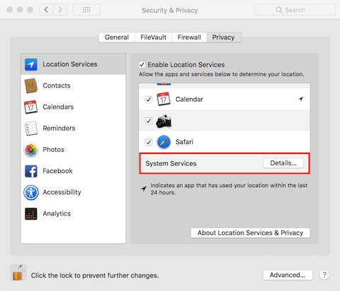 System Services and the Details button under Location Services