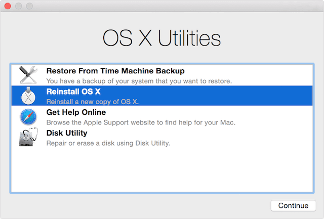 OS X Utilities, loaded from the Recovery partition