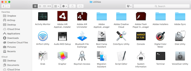 The Utilities folder contains a number of utility apps, including some added by developers such as Adobe 