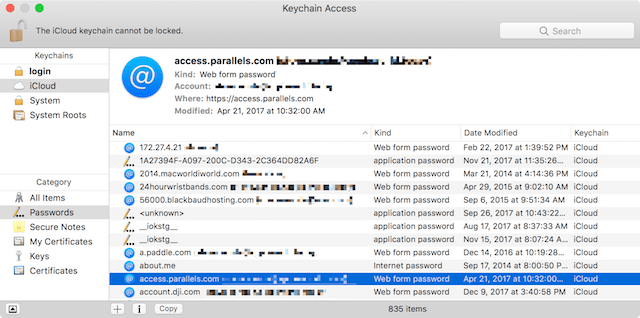 Web form, application, and internet passwords are stored in the iCloud Keychain (some personal data obscured in this screenshot)