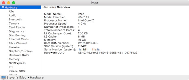 The hardware overview shows the model of Mac, processor name and speed, and more