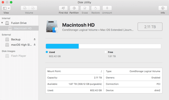 Disk Utility, showing basic information about the boot disk in a Mac