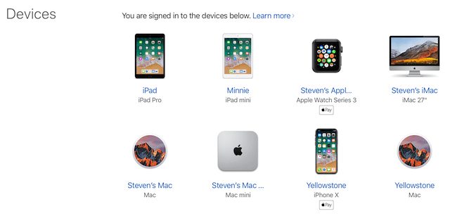The list of devices currently signed into with an Apple ID