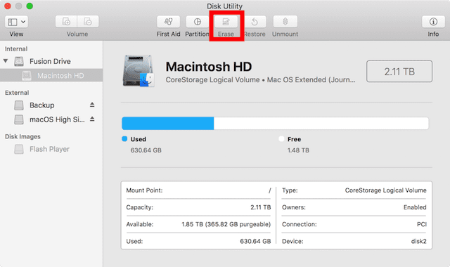 Disk Utility, showing the Erase button highlighted in red