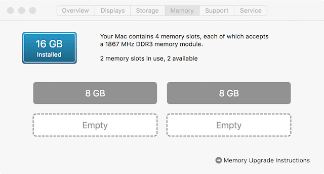 Macs with RAM that can be user upgraded will show this Memory tab in About This Mac