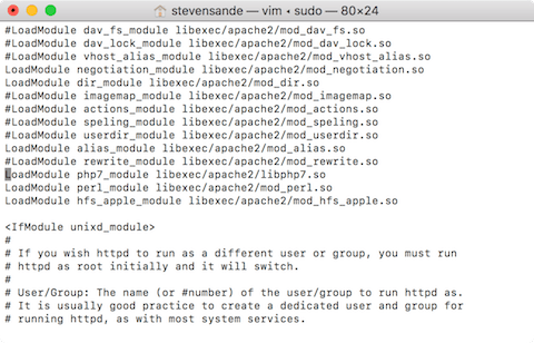 Editing the Apache configuration file in the vi editor