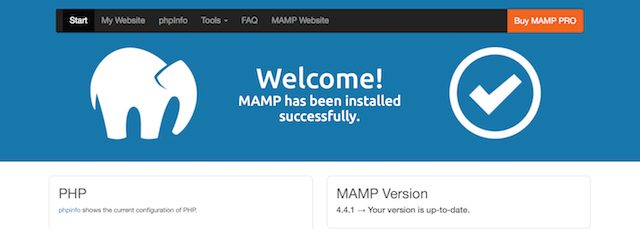 The MAMP welcome page, indicating that all services are running