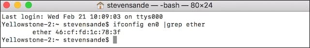 Using Terminal to find the existing MAC address for interface en0 (Wi-Fi)