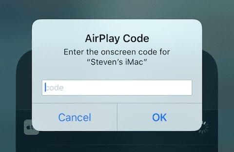 The dialog requesting the 4-digit AirPlay Code provided by Reflector 3
