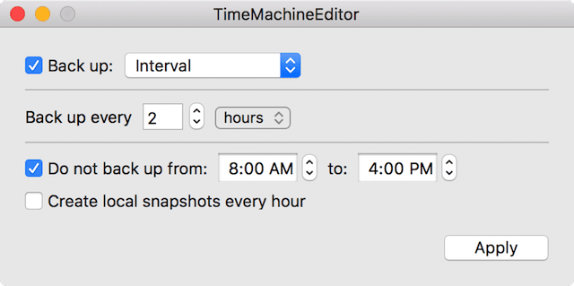 Using TimeMachineEditor to set the interval between backups