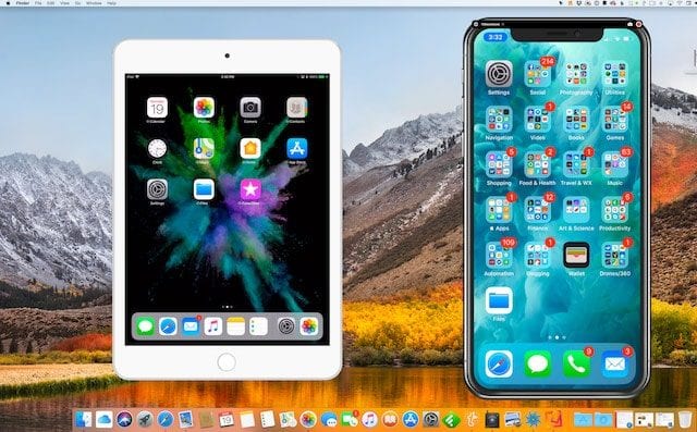 An iPad mini and iPhone X mirrored to an iMac with Reflector 3