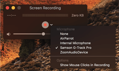 Setting the audio source for a screen recording. 