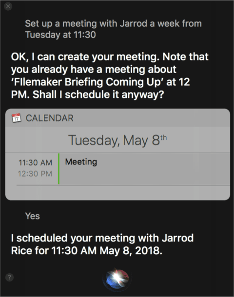Adding an appointment to Calendar with Siri, which recognizes a schedule conflict