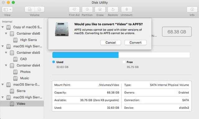 Disk Utility being used to convert the existing Video volume to APFS