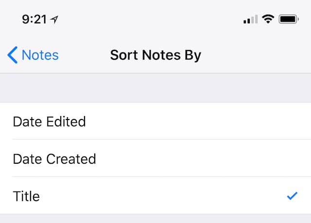 Sort order choices in the iOS Settings app