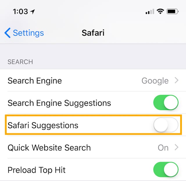 Safari Suggestions (highlighted in orange) are disabled