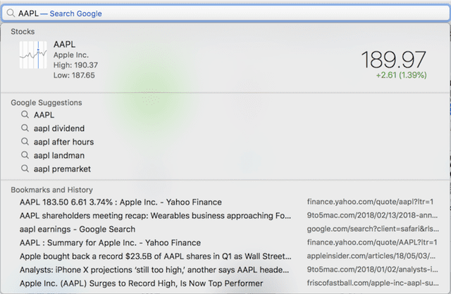 Search suggestions appearing in Safari for the phrase AAPL