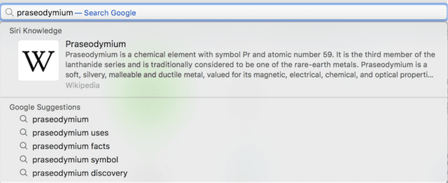 Safari Suggestions for the word "praseodymium"