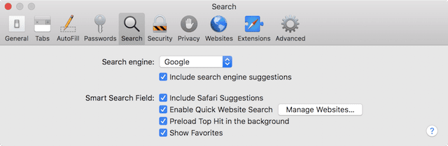 The Search pane in Safari Preferences