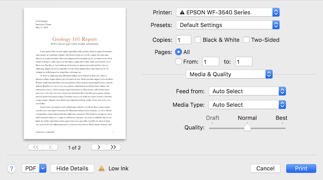 The Expanded Details Print Dialog