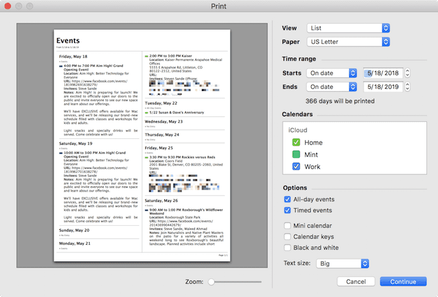 Printing a two-column list of all upcoming Calendar events