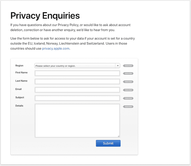The Privacy Enquiries form for requesting data or obtaining answers about your data