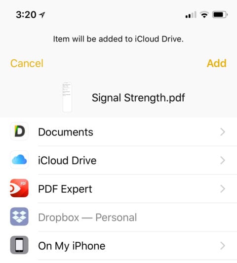 iOS allows you to save a PDF to compatible apps on the device or to cloud services