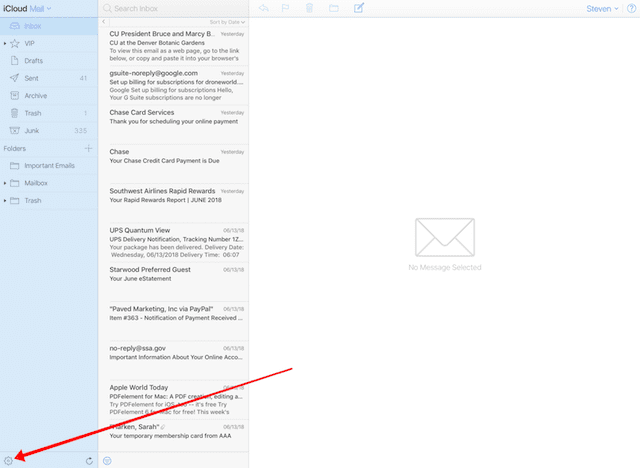 Once in iCloud Mail, click on the gear button to enter preferences