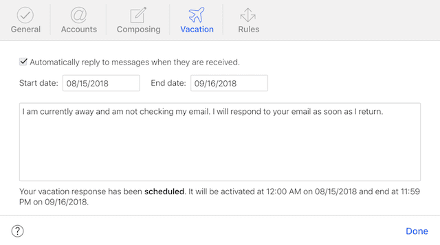Setting up the iCloud Mail autoresponder