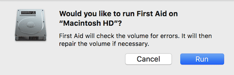 Click Run to begin the First Aid check and repair of a drive