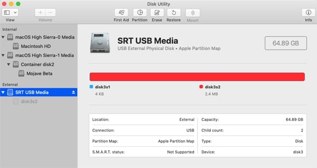 When Disk Utility's view option is set to Show All Devices even unformatted devices will be present in the sidebar, such as the highlighted USB flash drive that needs to be formatted.