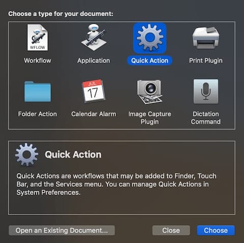Quick Action is a new Automator workflow type