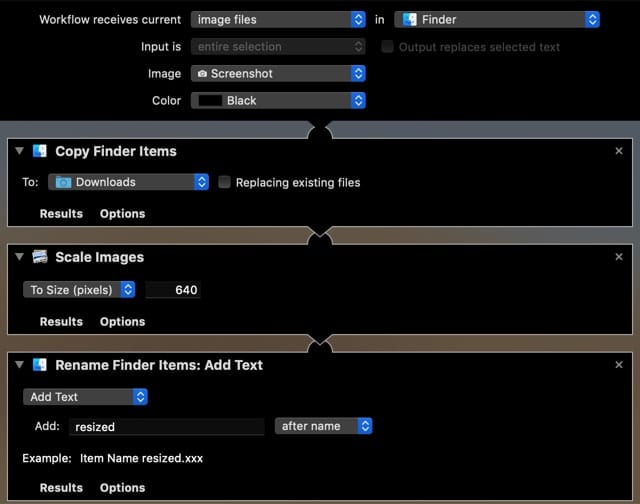 The settings for this image resizing Quick Action