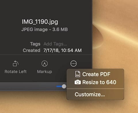 The Create PDF button changes to "More...", displaying Create PDF and our custom Quick Action