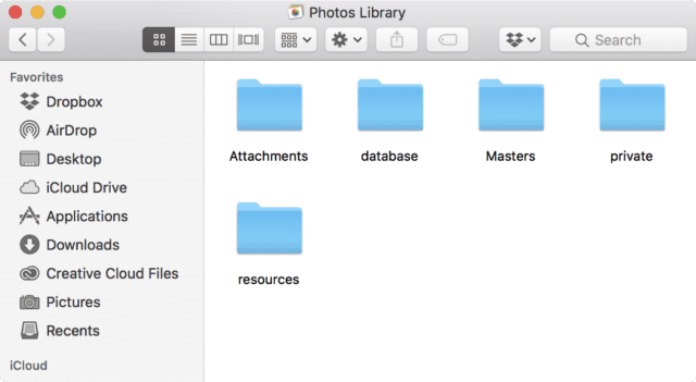 The folders located in the Photos Library