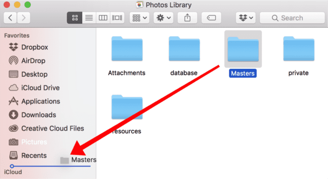 Drag and drop the Masters folder from the Photos Library package to the Finder sidebar