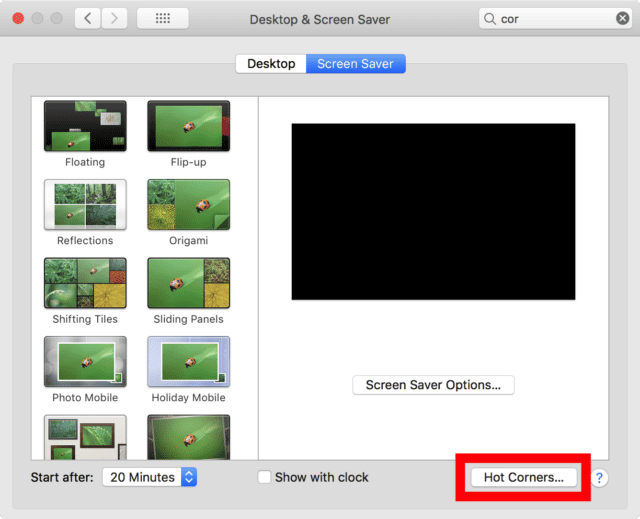 The location of the "Hot Corners..." button on the Desktop & Screen Saver preference pane
